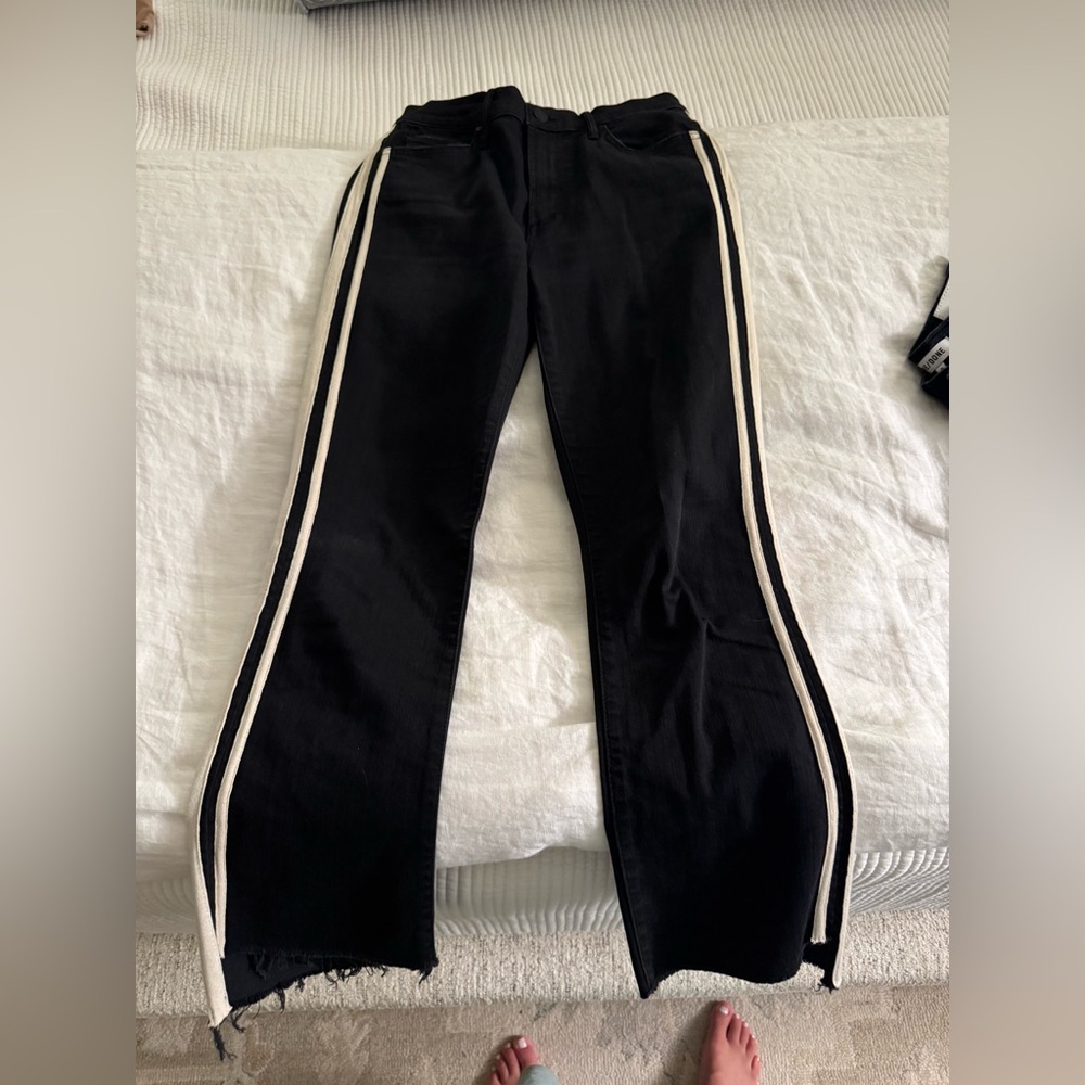 MOTHER Black Straight Leg Jeans with Cream Accents